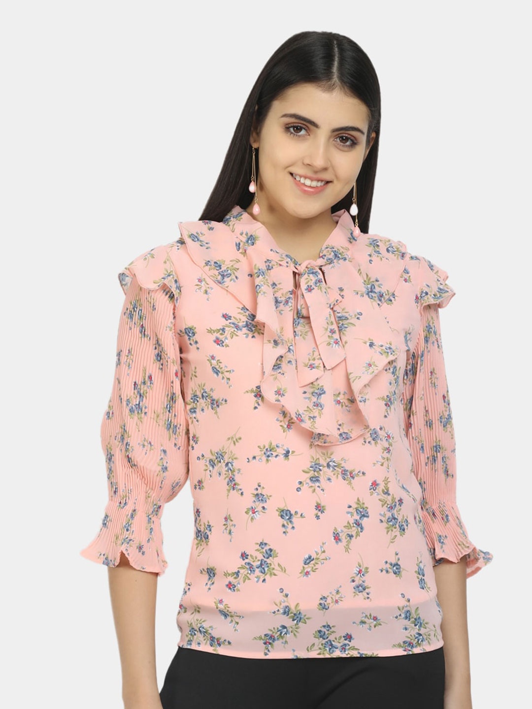 

V-Mart Peach-Coloured Floral Print Tie-Up Neck Top