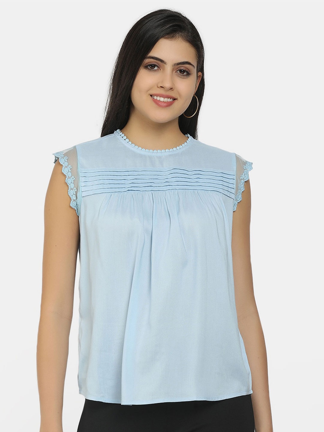 

V-Mart Cap Sleeves Gathred Or Pleated Regular Top, Blue