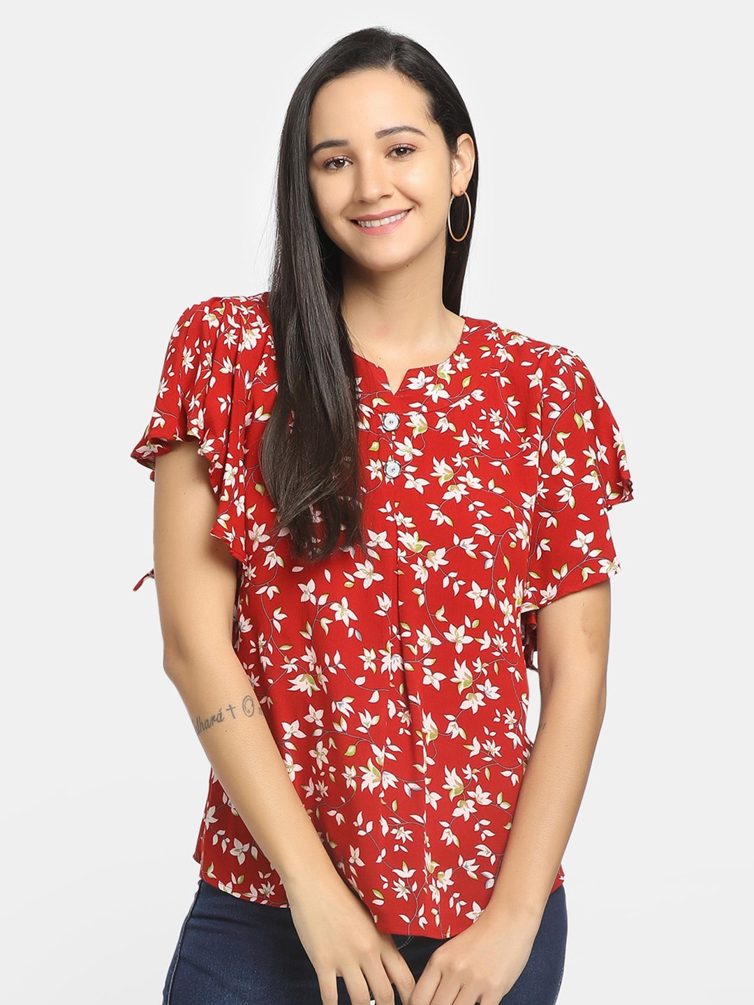 

V-Mart Red Floral Print Top
