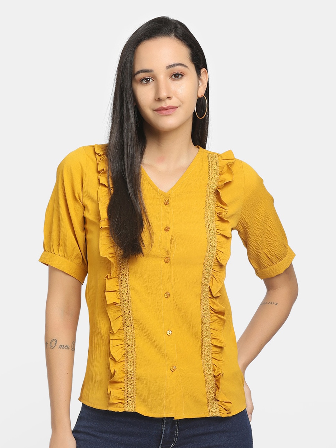 

V-Mart V-Neck Puff Sleeves Top, Mustard