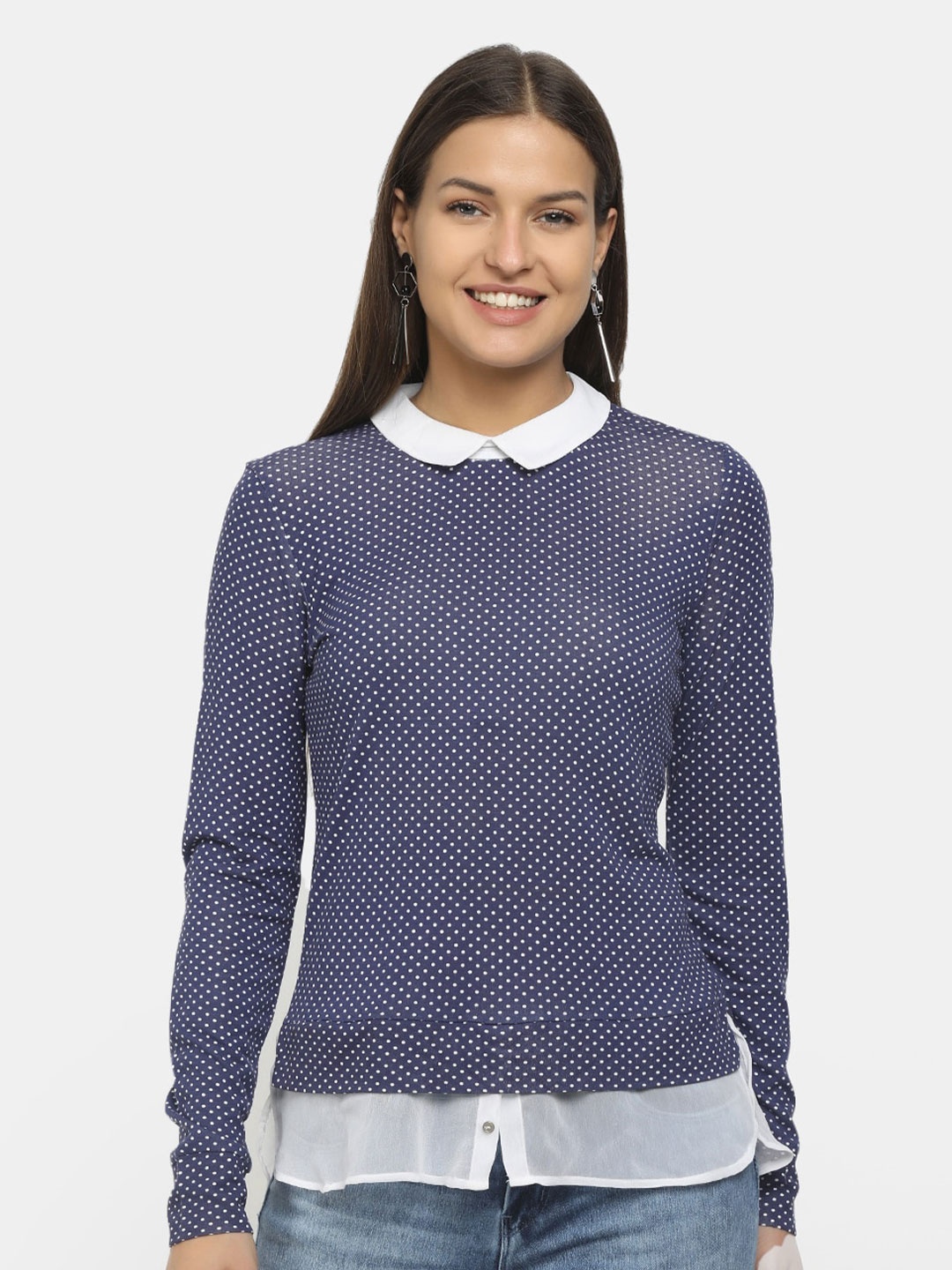 

V-Mart Navy Blue Print Peter Pan Collar Top