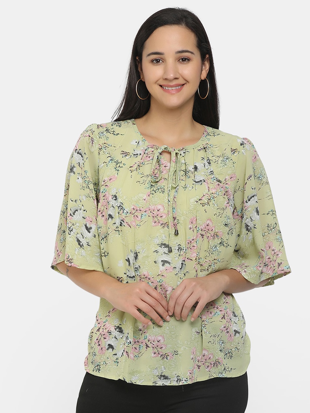 

V-Mart Green Floral Print Tie-Up Neck Top