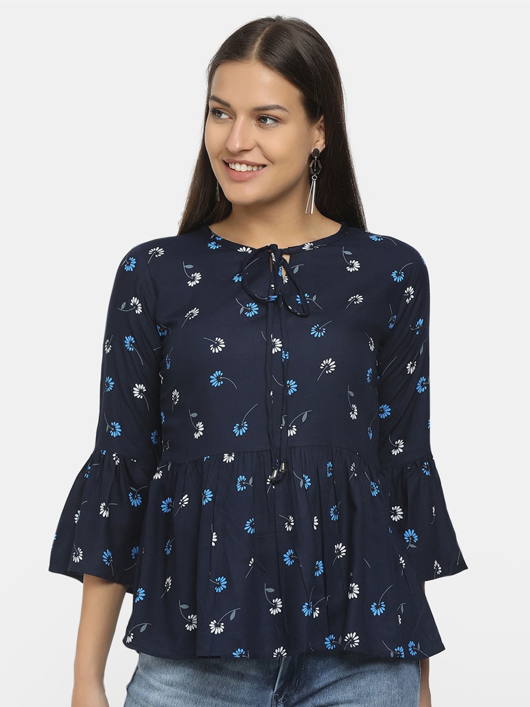 

V-Mart Navy Blue Floral Print Tie-Up Neck Peplum Top