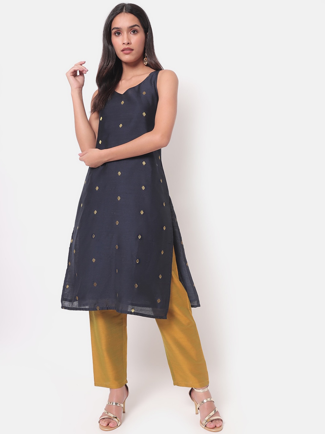 

Saaki Women Blue Ethnic Motifs Mirror Work Kurta