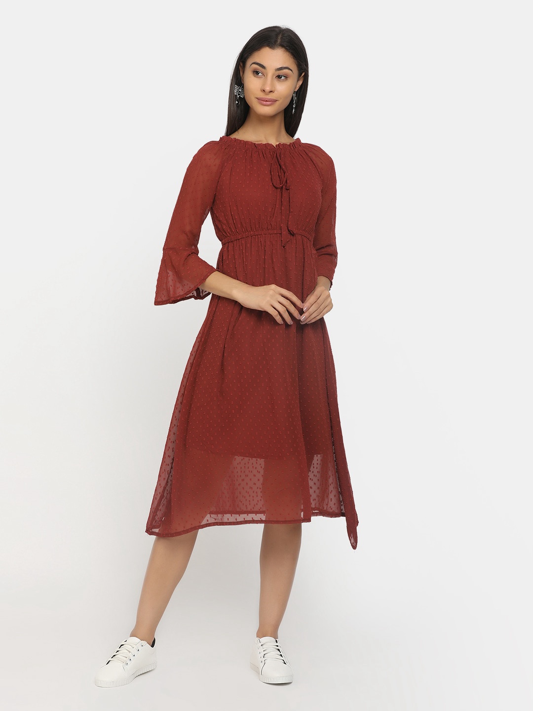 

V-Mart Rust Tie-Up Neck Midi Dress