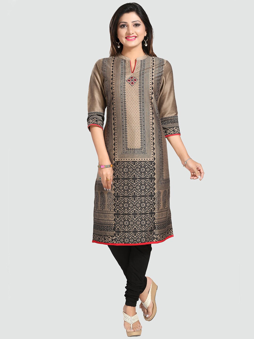 

Saree Swarg Women Beige & Black Ethnic Motifs Printed Cotton Silk Straight Kurta