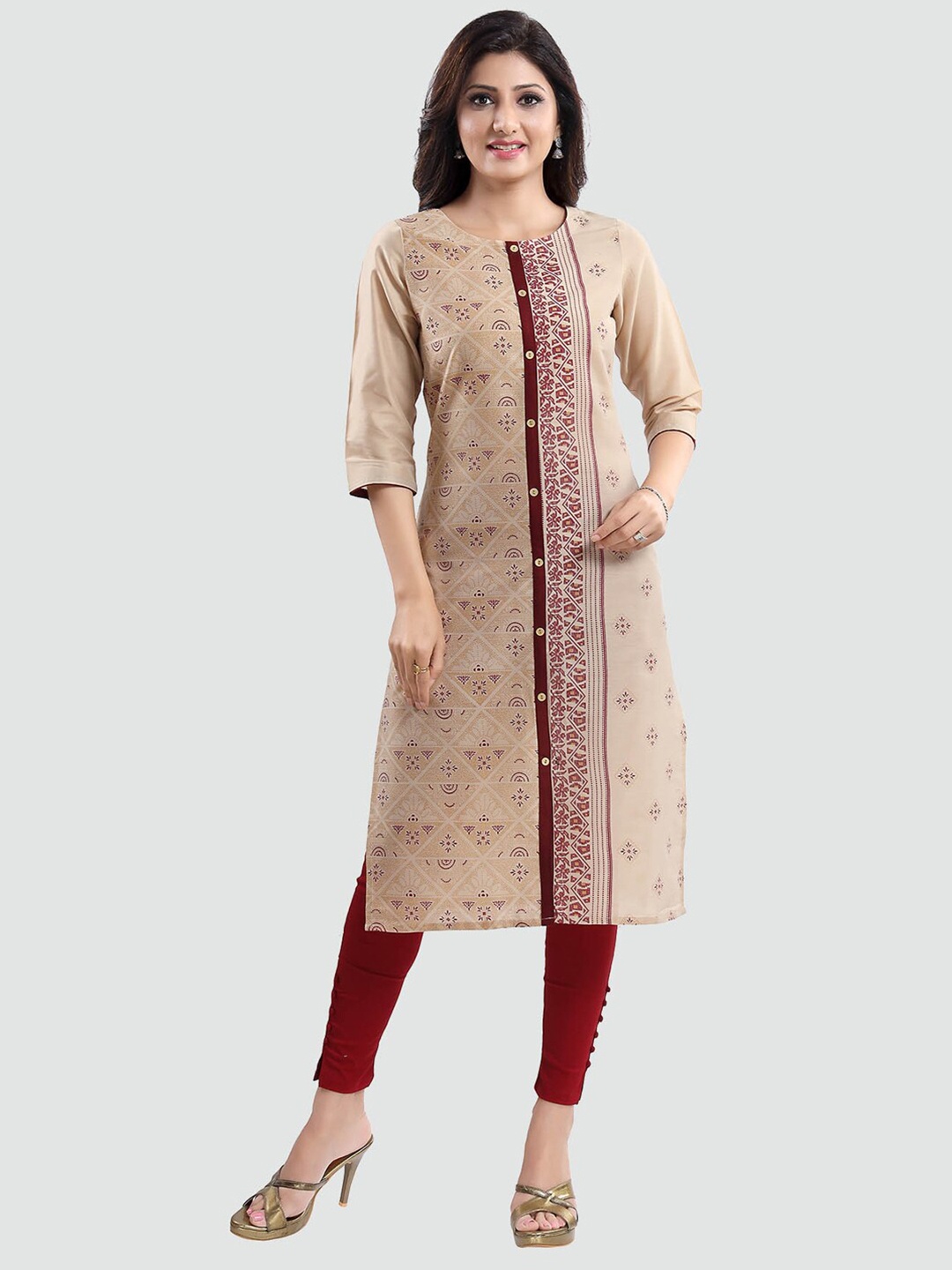 

Saree Swarg Women Beige & Maroon Ethnic Motifs Printed Kurta