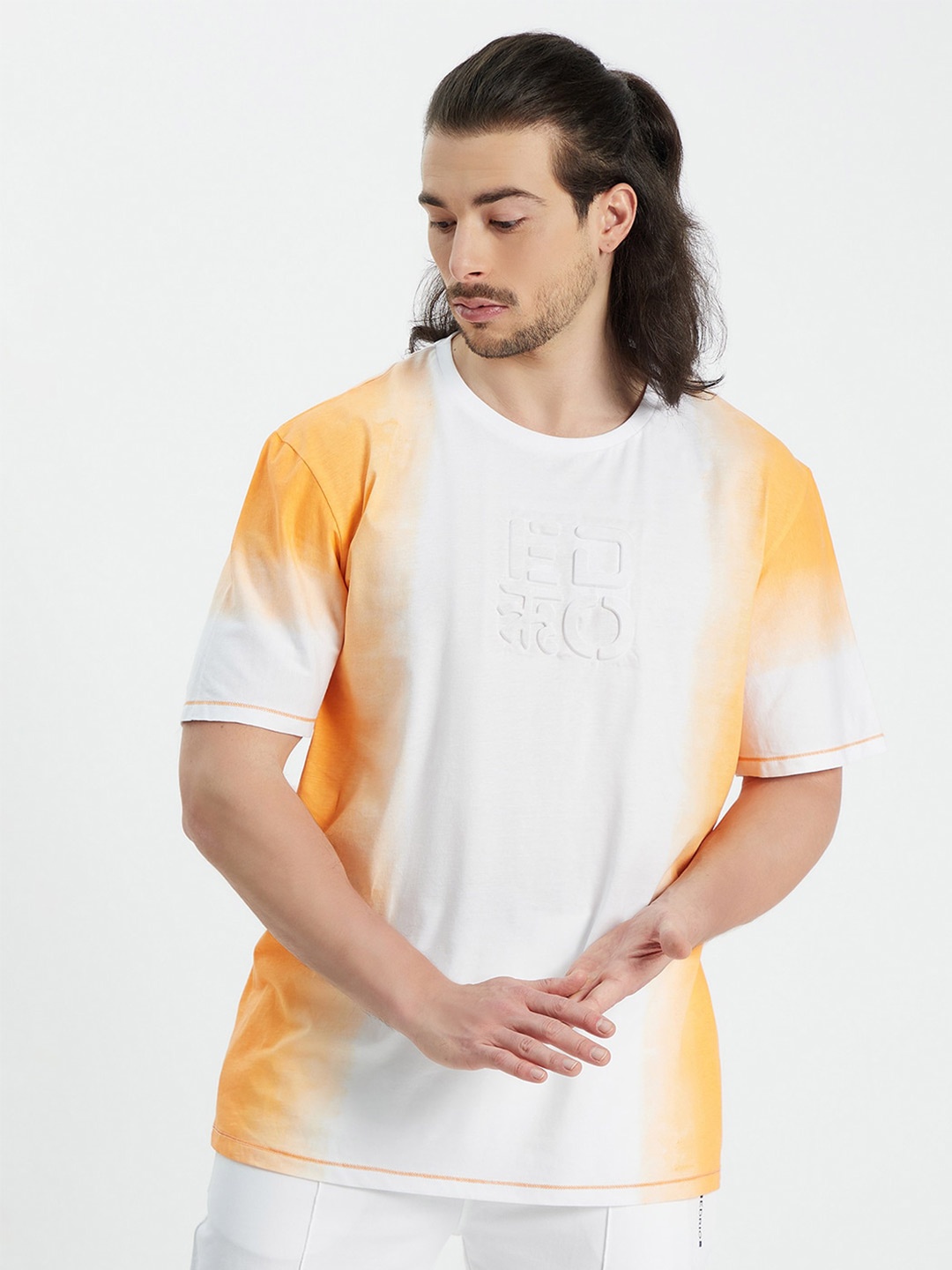 

EDRIO Men Orange Typography Pure Cotton Applique Oversized T-shirt