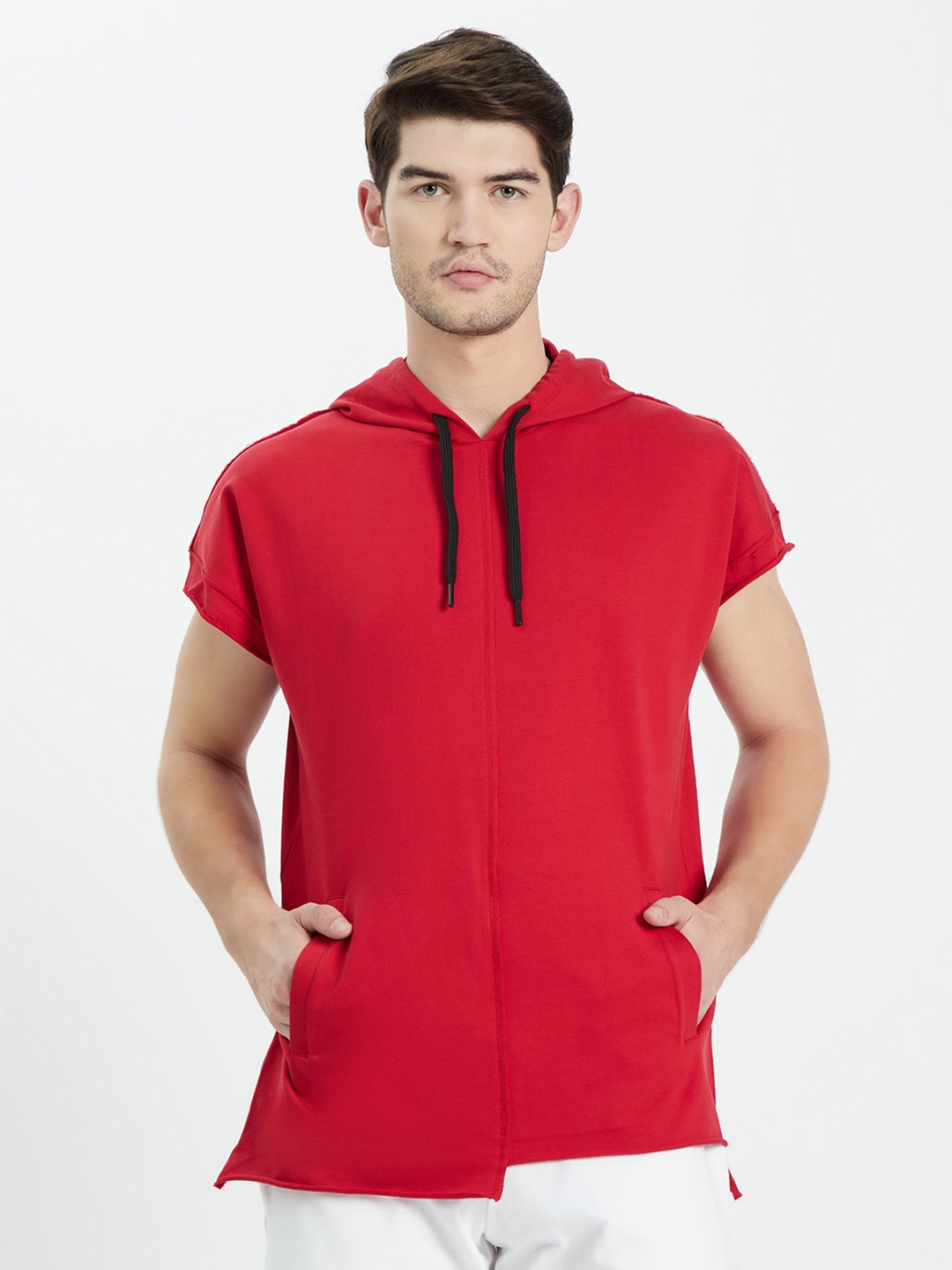 

EDRIO Men Red Extended Sleeves Pure Cotton Applique T-shirt