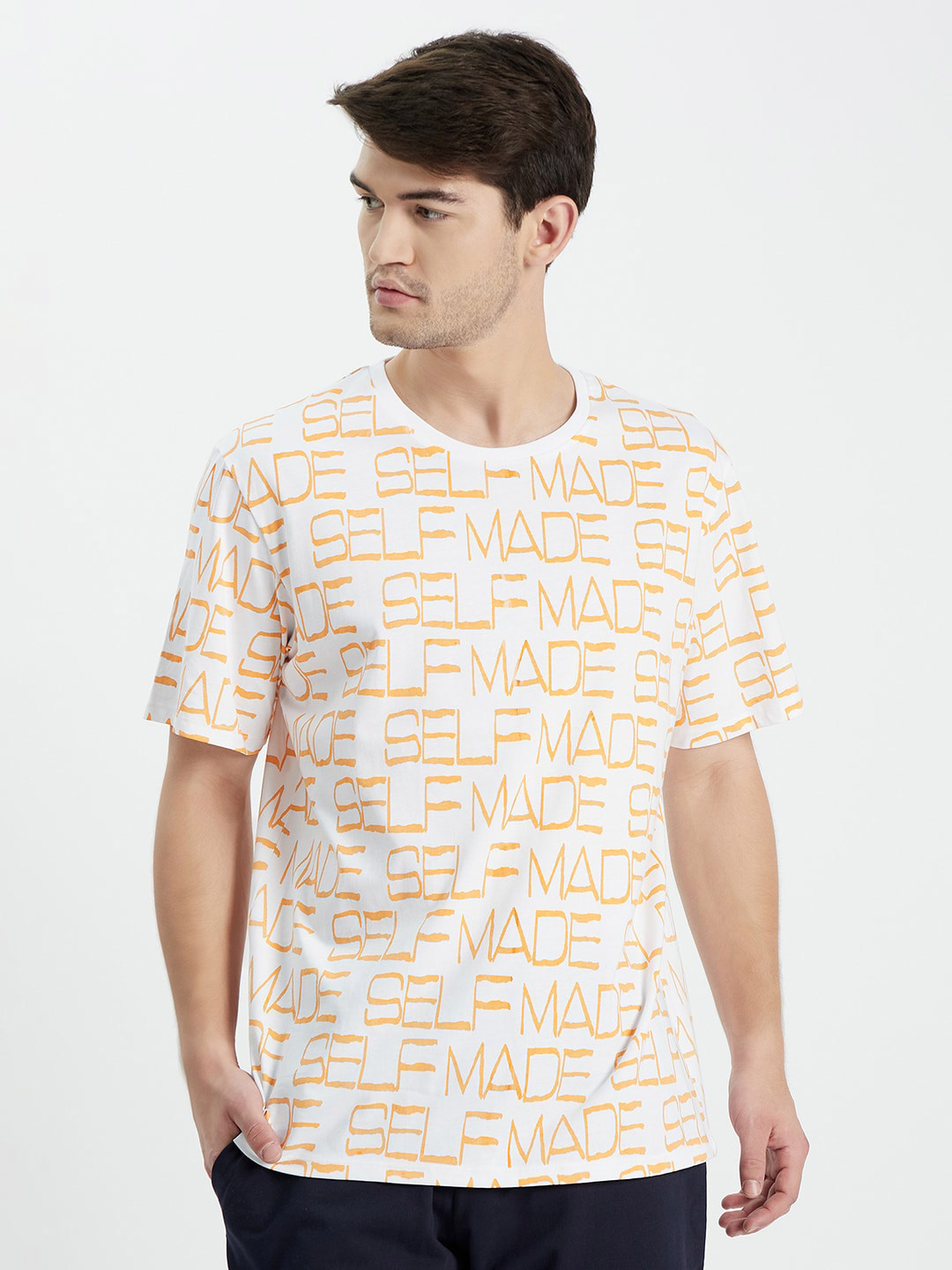 

EDRIO Men Orange Printed Round Neck Pure Cotton Oversized T-shirt