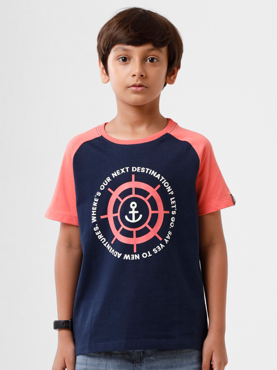 

PIPIN Boys Navy Blue Typography Printed Applique T-shirt