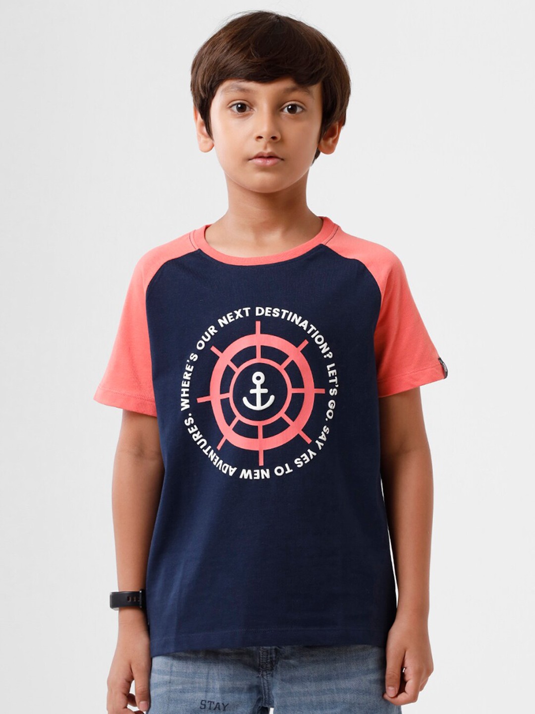 

PIPIN Boys Navy Blue Typography Printed Applique T-shirt