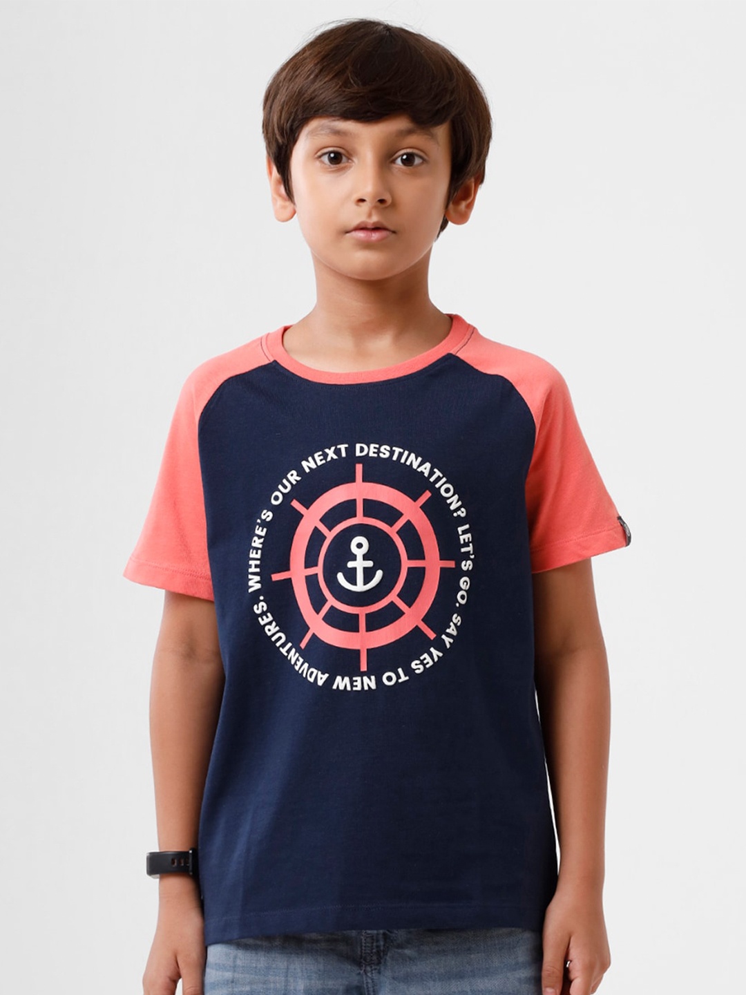 PIPIN Boys Navy Blue Typography Printed Applique T-shirt