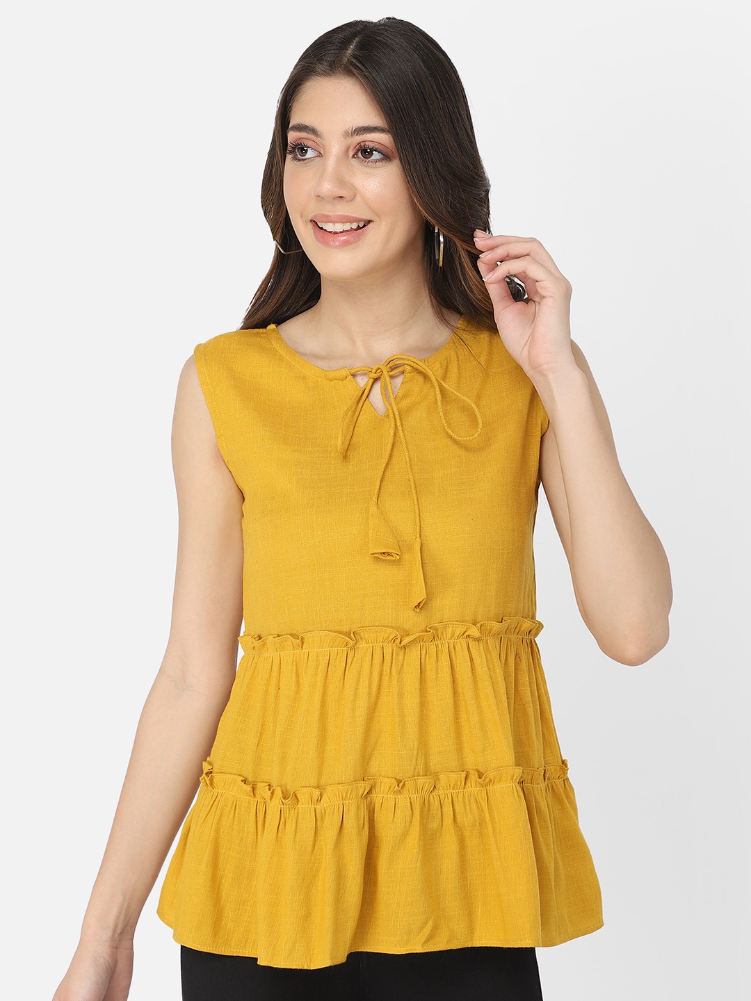 

Fbella Mustard Yellow Tie-Up Neck Top