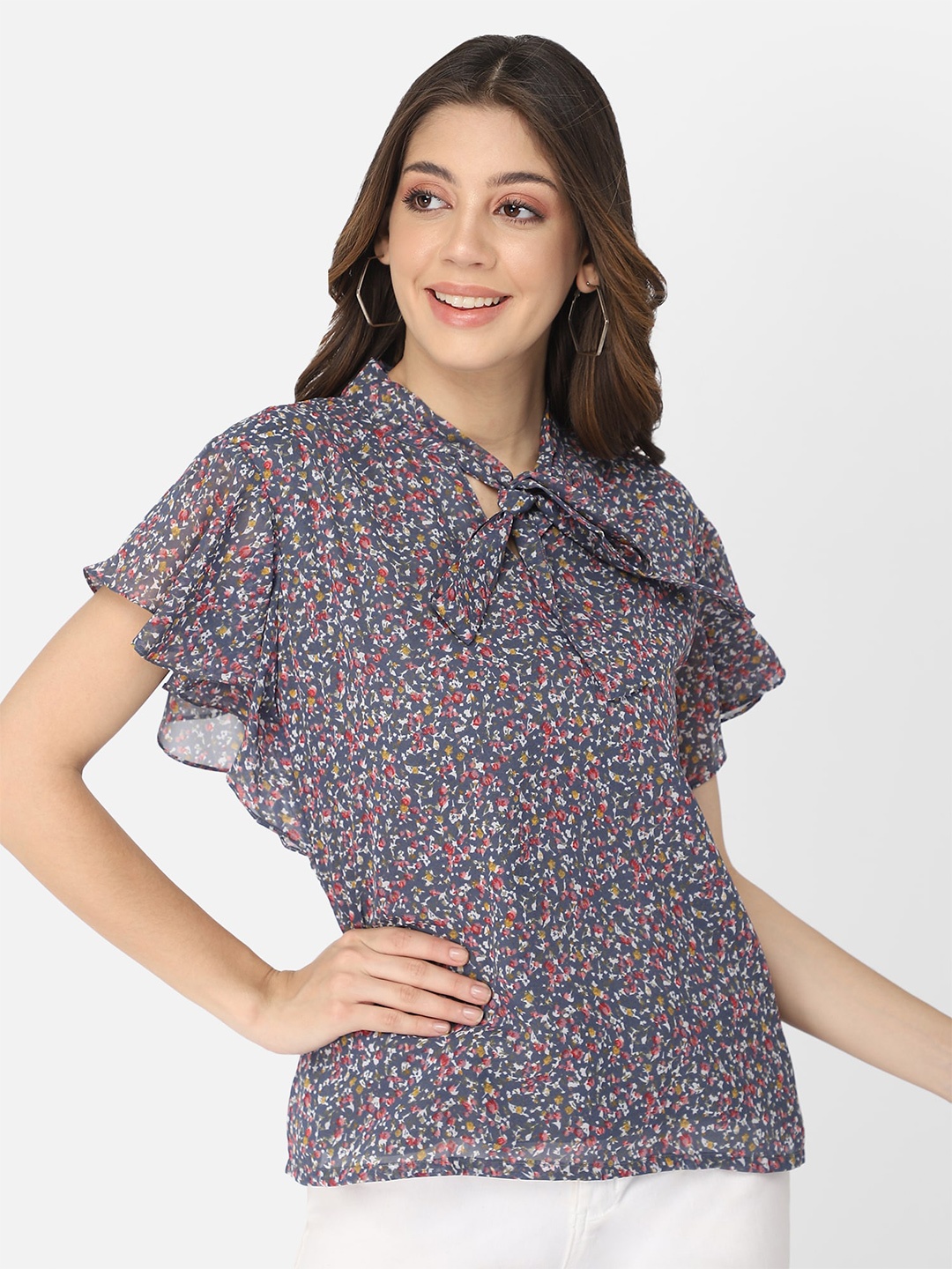

Fbella Grey Floral Print Tie-Up Neck Layered Georgette Top
