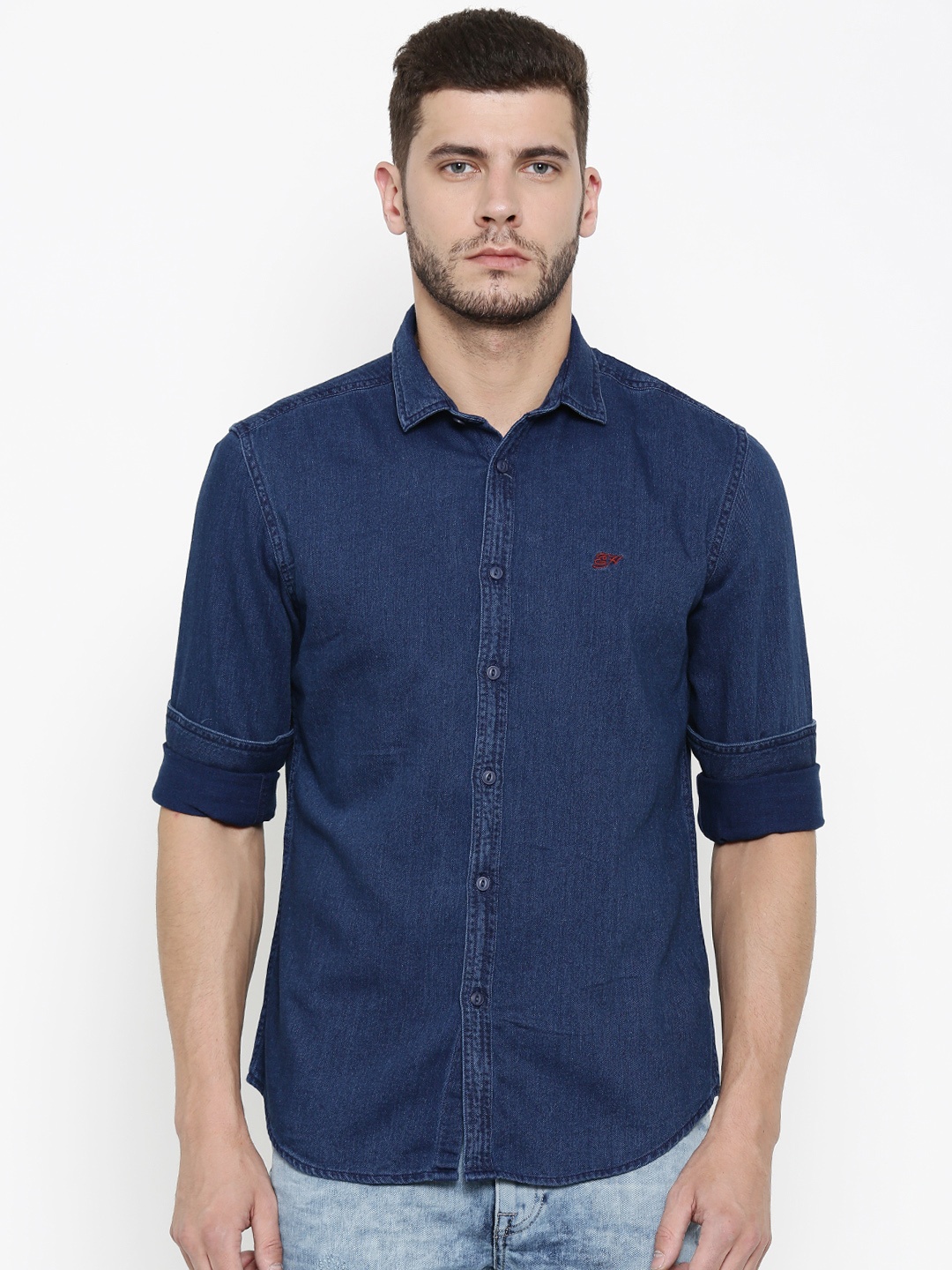 

Ed Hardy Men Navy Slim Fit Solid Denim Shirt, Navy blue