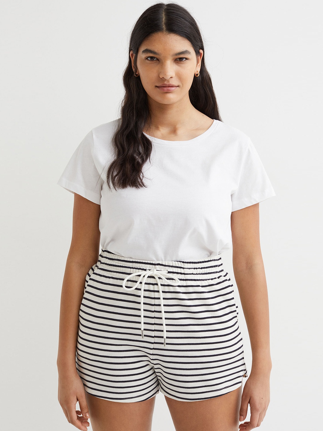 

H&M Women White & Black Striped Sweatshirt Shorts