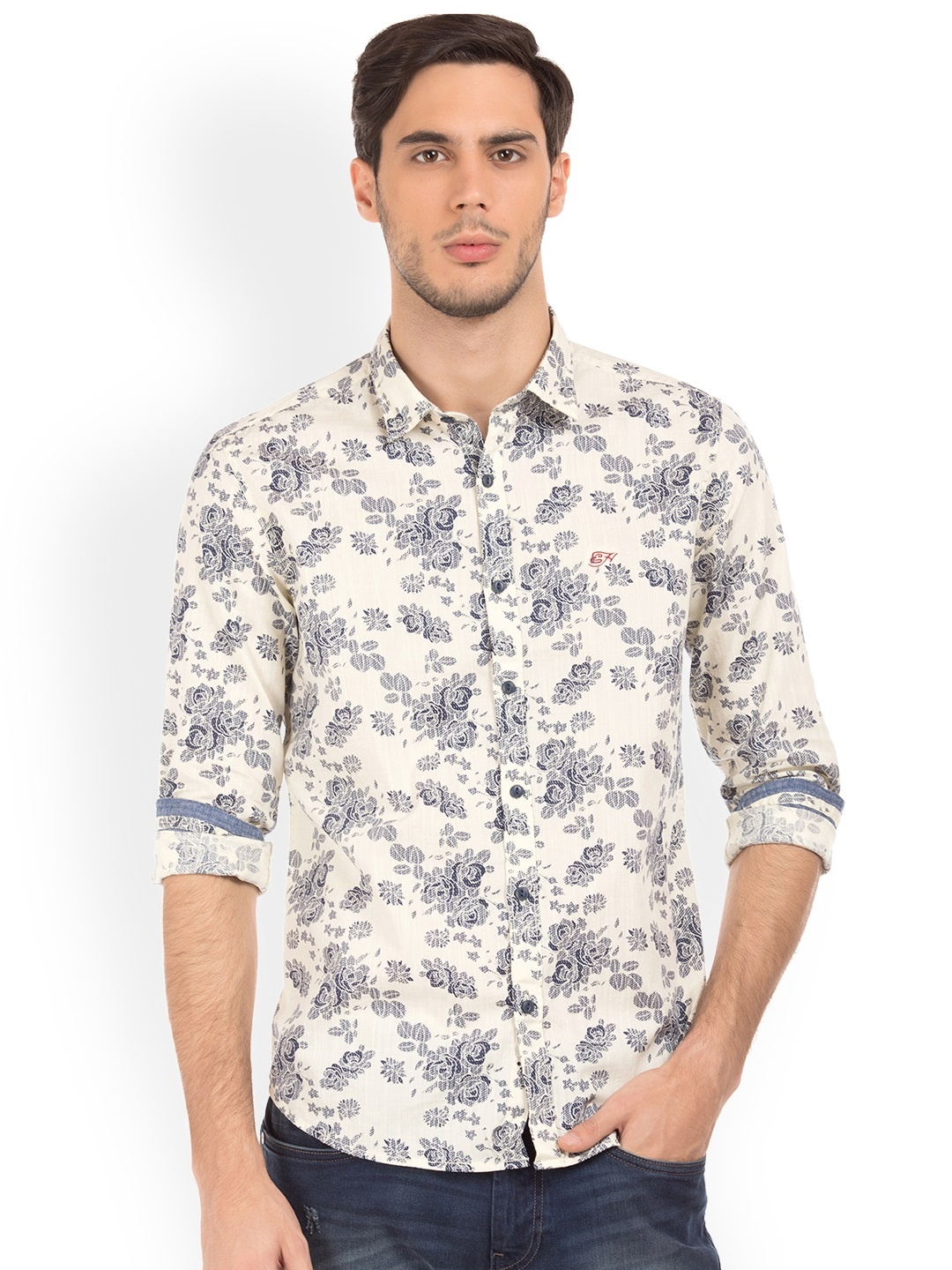 

Ed Hardy Men Off-White & Blue Slim Fit Printed Casual Shirt