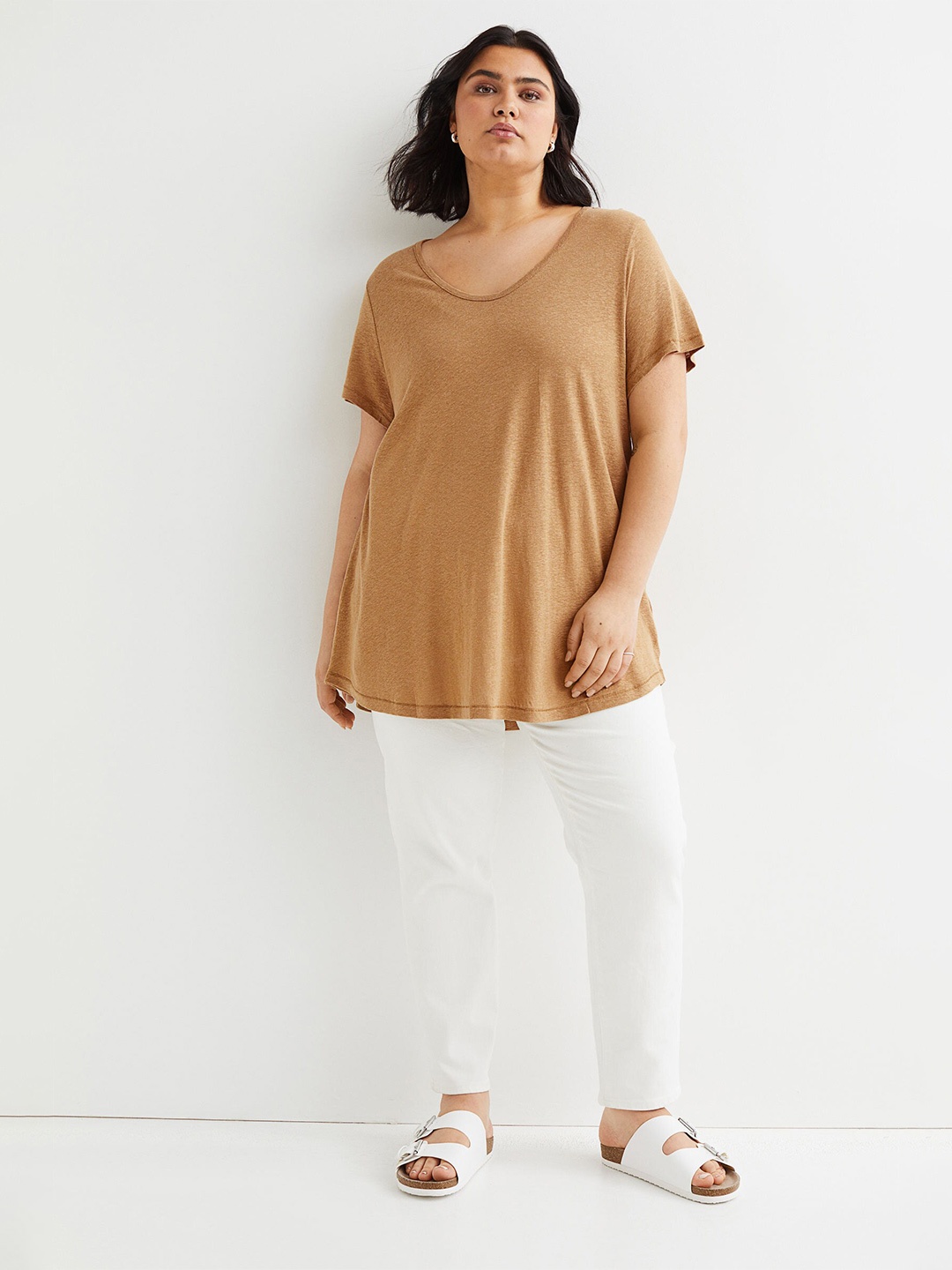 

H&M Women Beige H&M+ Linen-blend T-shirt