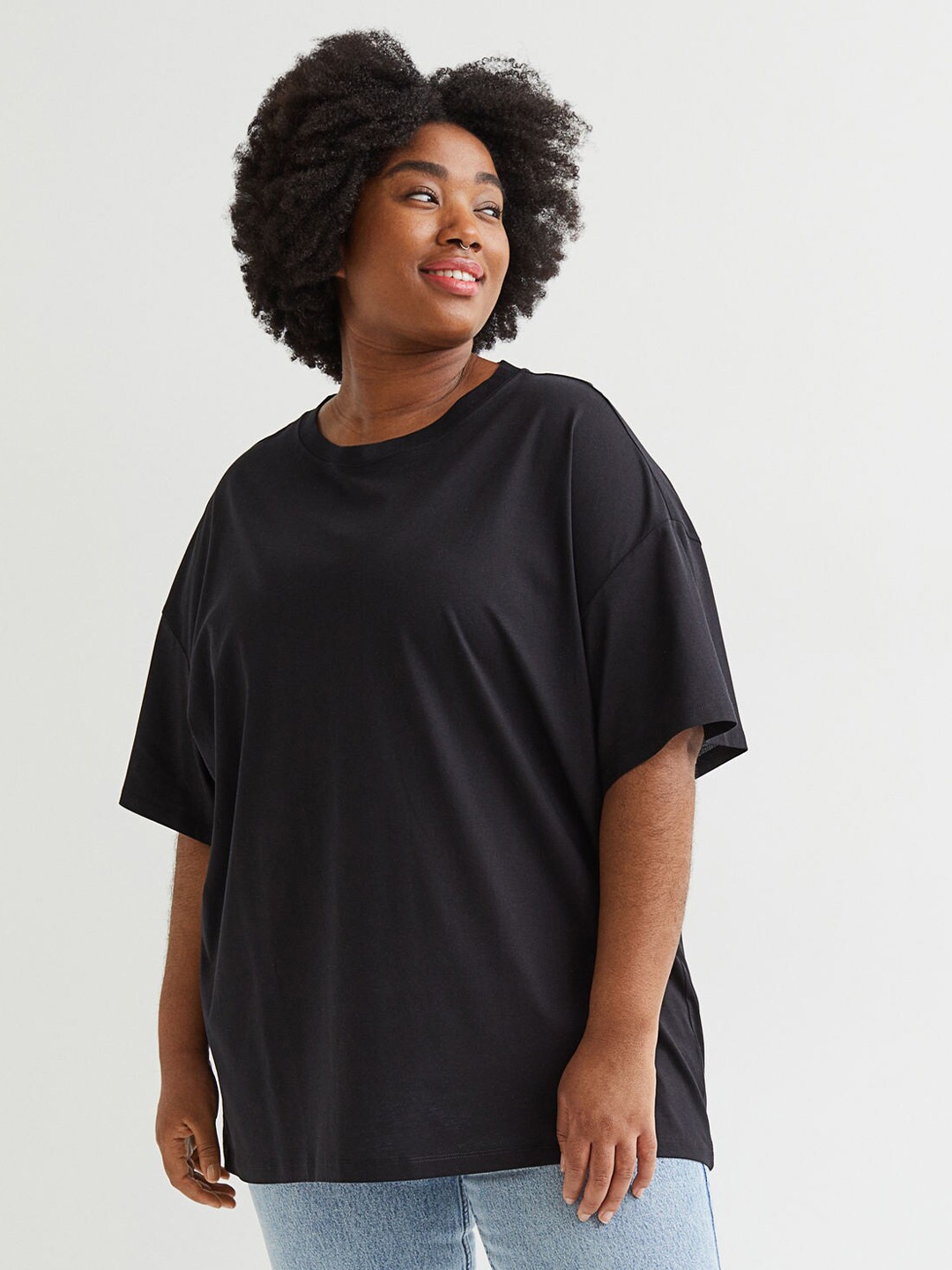 

H&M+ Women Plus Size Black Solid Oversized T-shirt