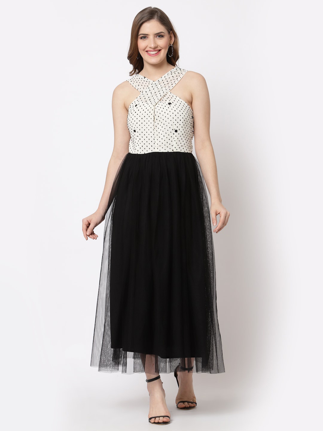 

Just Wow White Embellished Net Maxi Dress