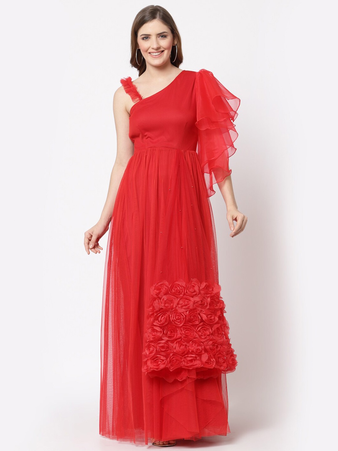 

Just Wow Red Embellished Net Maxi Dress