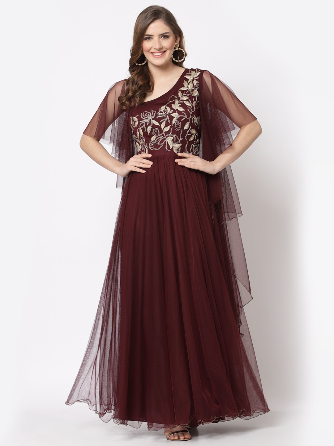 

Just Wow Burgundy Embellished Net Maxi Dress