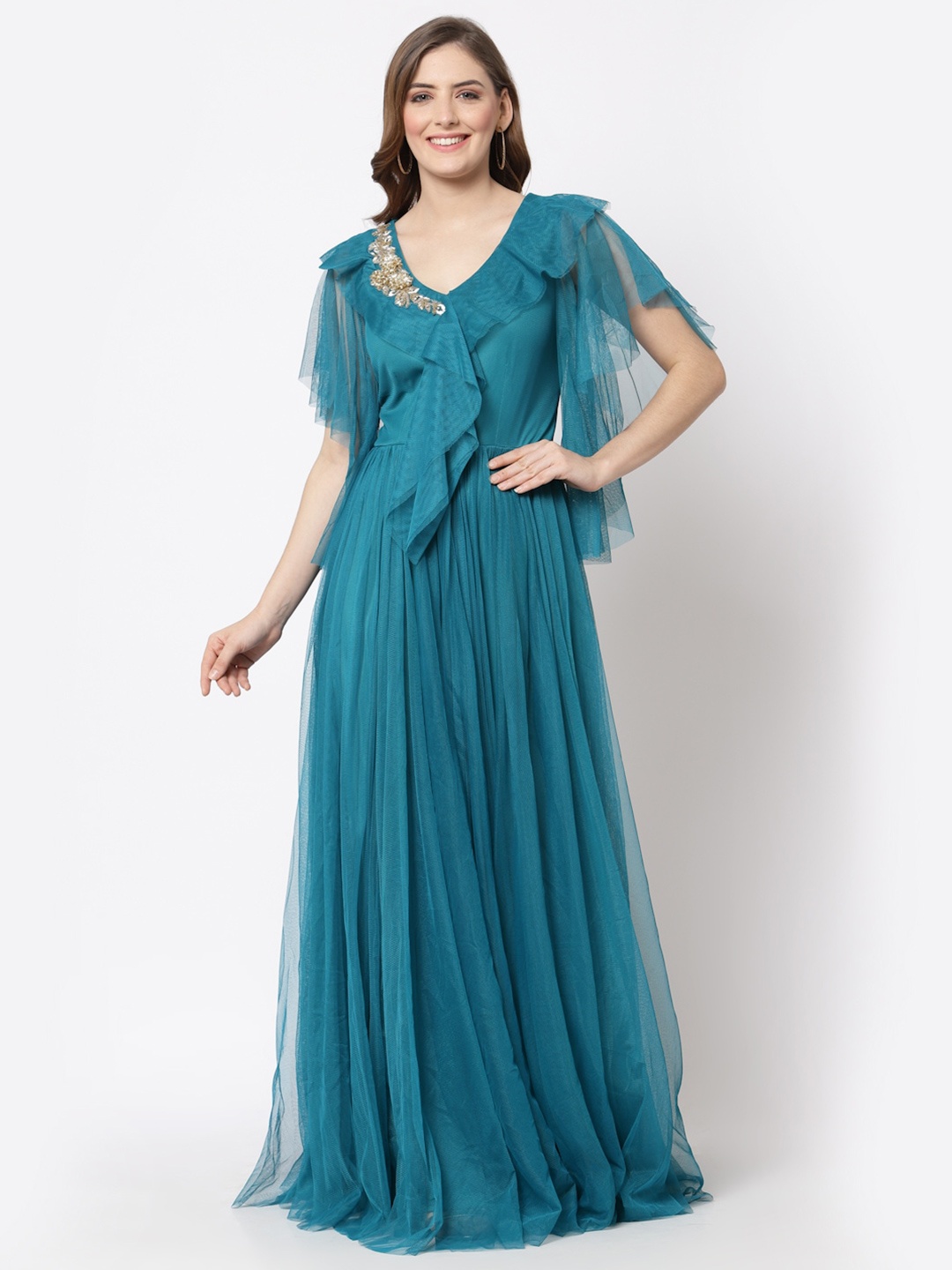 

Just Wow Teal Embellished Net Maxi Dress