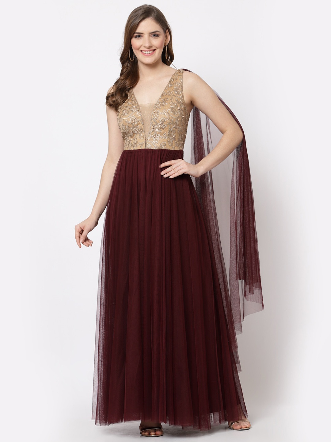 

Just Wow Burgundy Embellished Net Maxi Dress