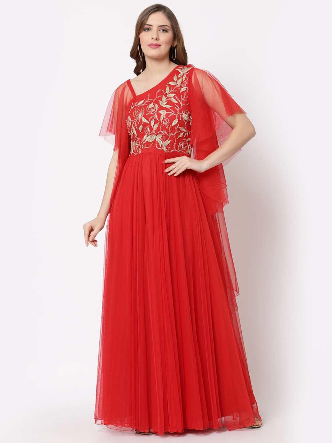 

Just Wow Red Embellished Net Maxi Dress