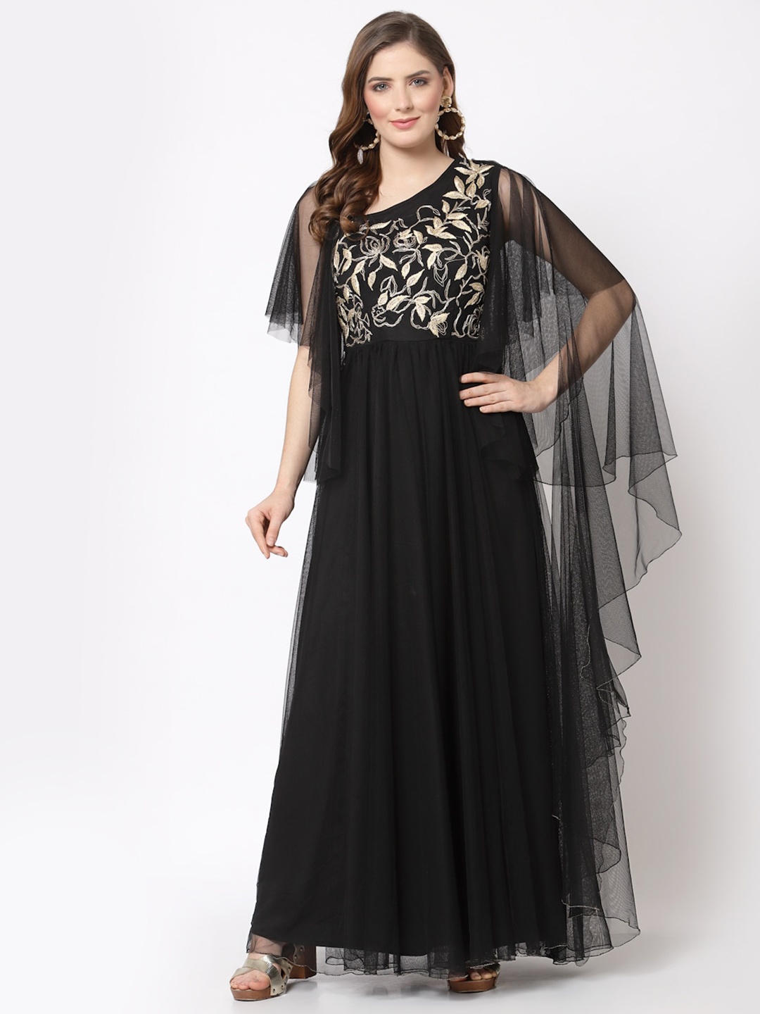

Just Wow Black Embellished Net Maxi Dress