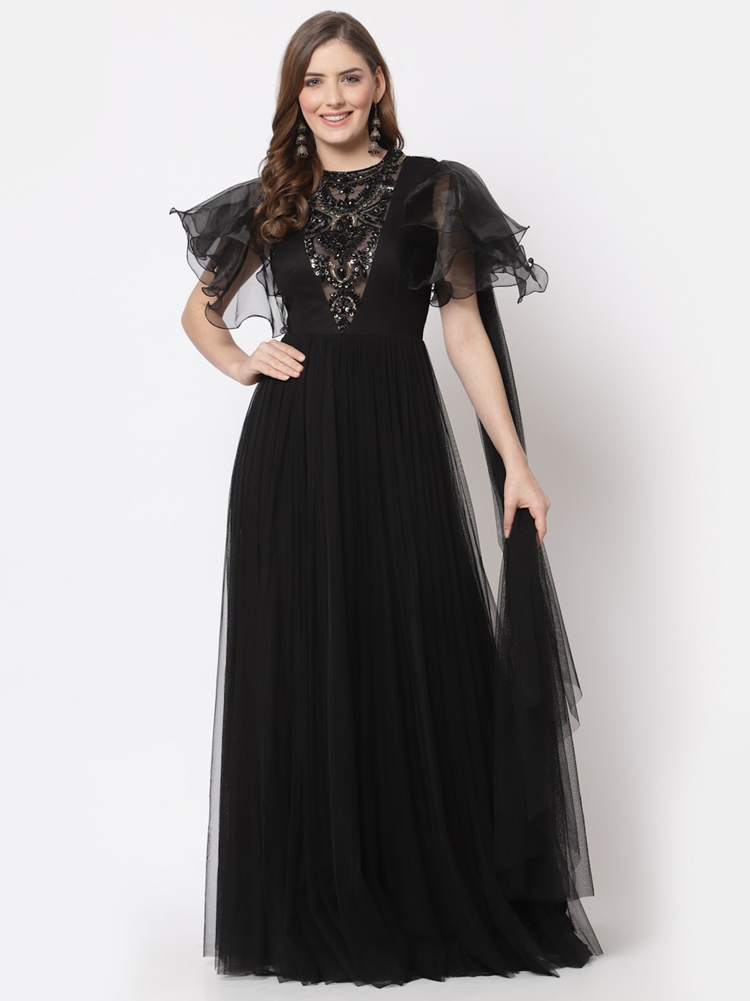 

Just Wow Black Embellished Net Maxi Dress