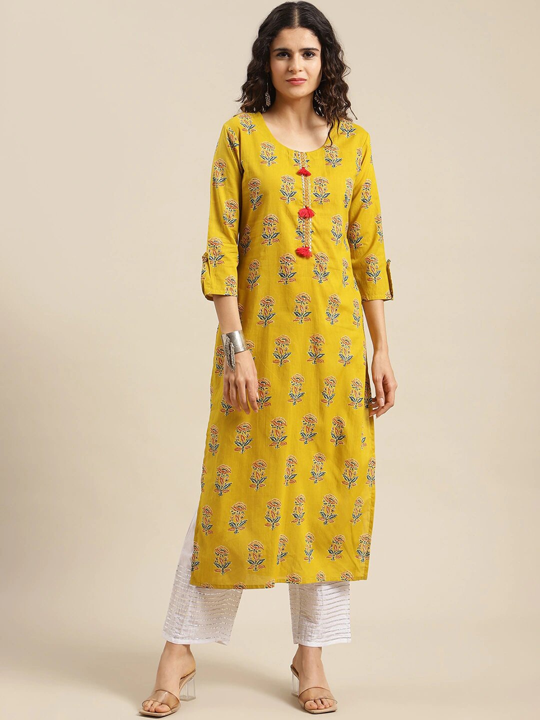 

KSUT Women Yellow Geometric Printed Thread Work Kurta