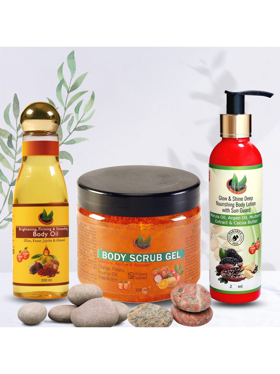 

NatureNova Herbals Set of Scrub Gel + Body Oil + Body Lotion, Multi