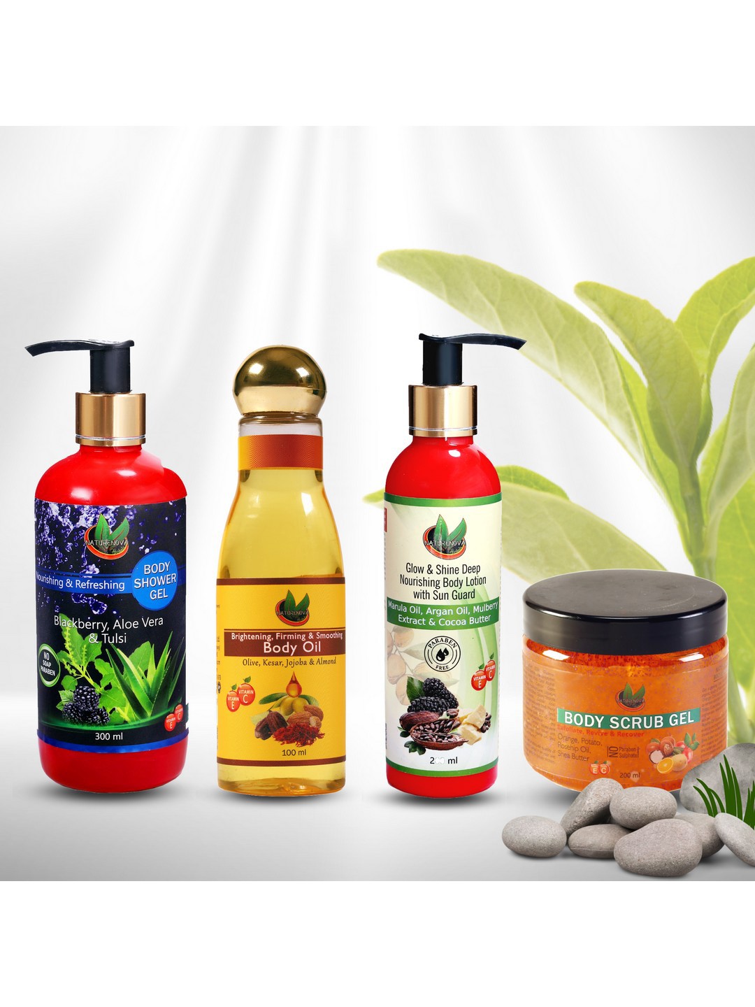 

NatureNova Herbals Set of Shower Gel + Scrub Gel + Body Oil + Body Lotion, Multi