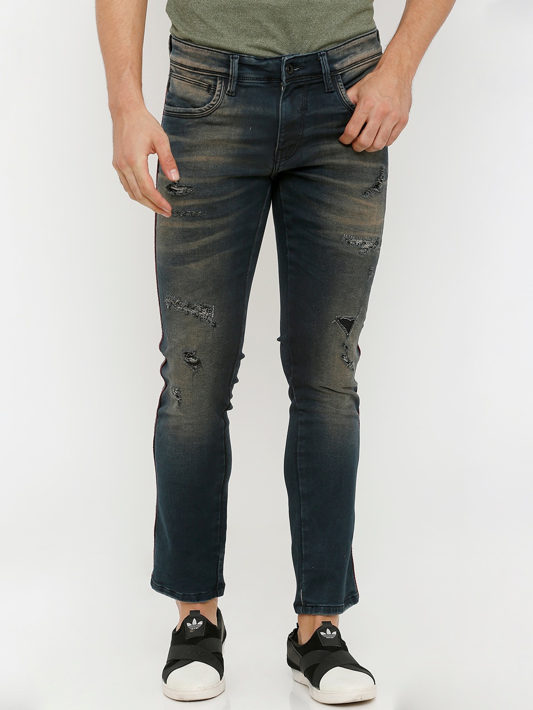 

Rex Straut Jeans Men Blue Comfort Slim Fit Highly Distressed Heavy Fade Stretchable Jeans