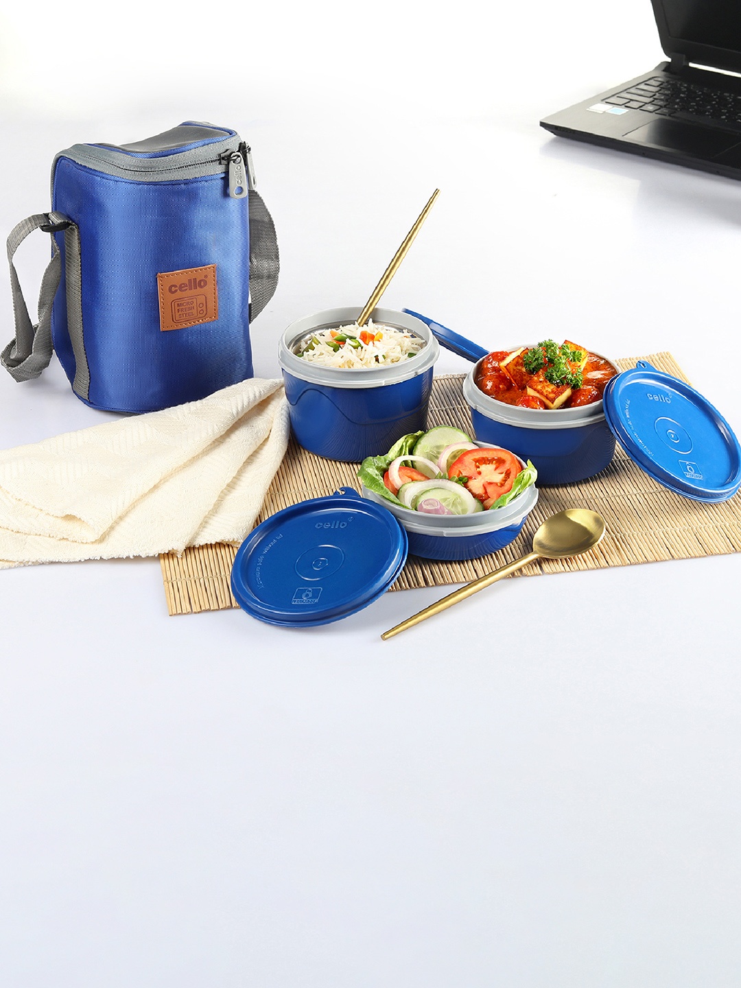 

Cello Mf Hot Wave Set of 3 Blue Inner Steel Outer Plastic Lunch Box with Jacket