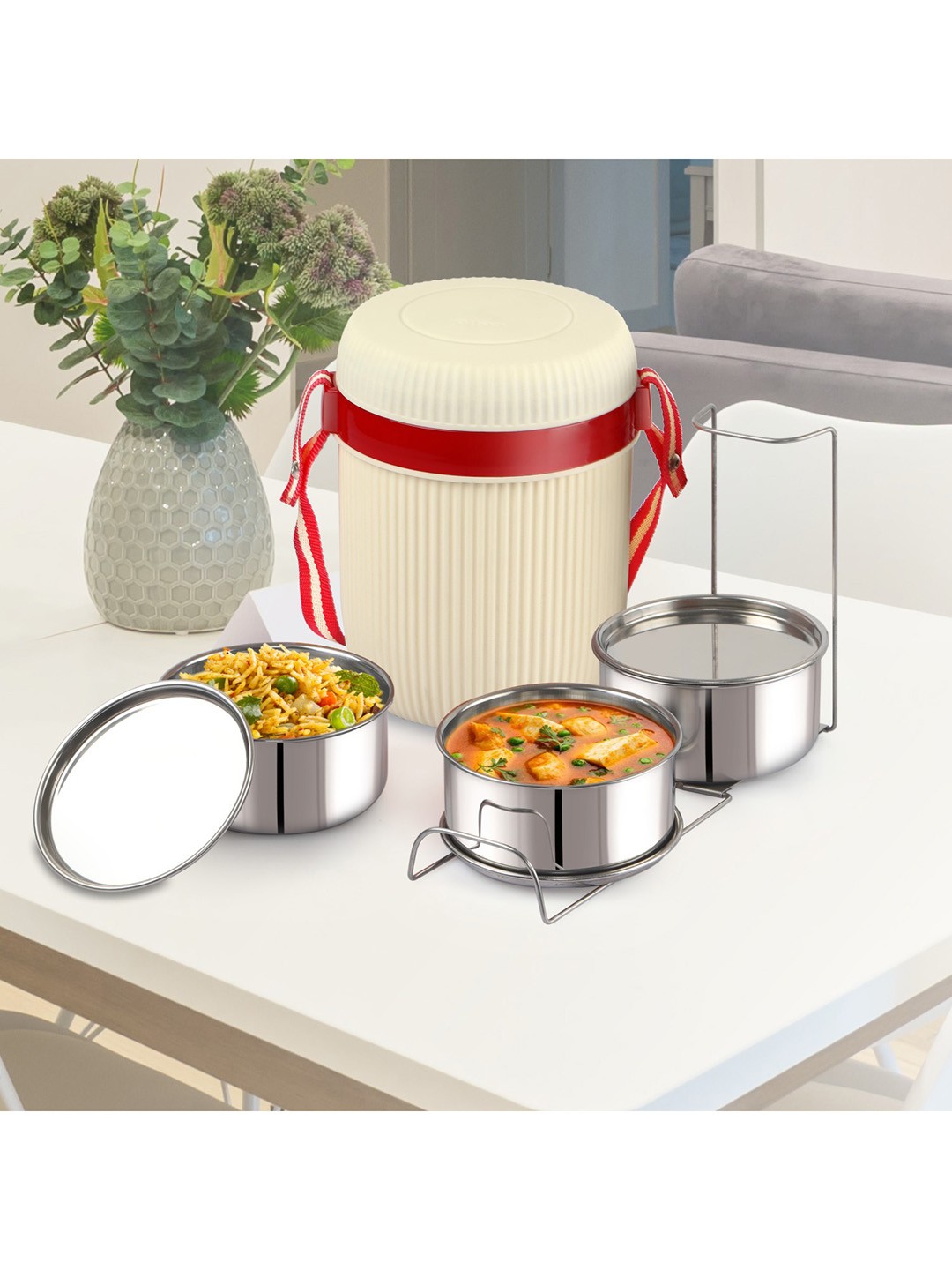 

Cello Off-White & Red Plastic Lunch Box with Inner Stainless Steel