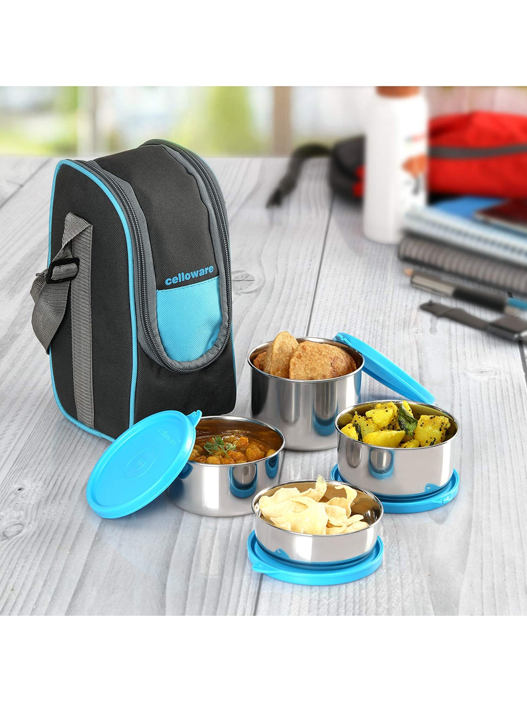 

Cello Steelox Set of 4 Blue Stainless Steel Lunch Box with Jacket- 225ml, 375ml, 550ml
