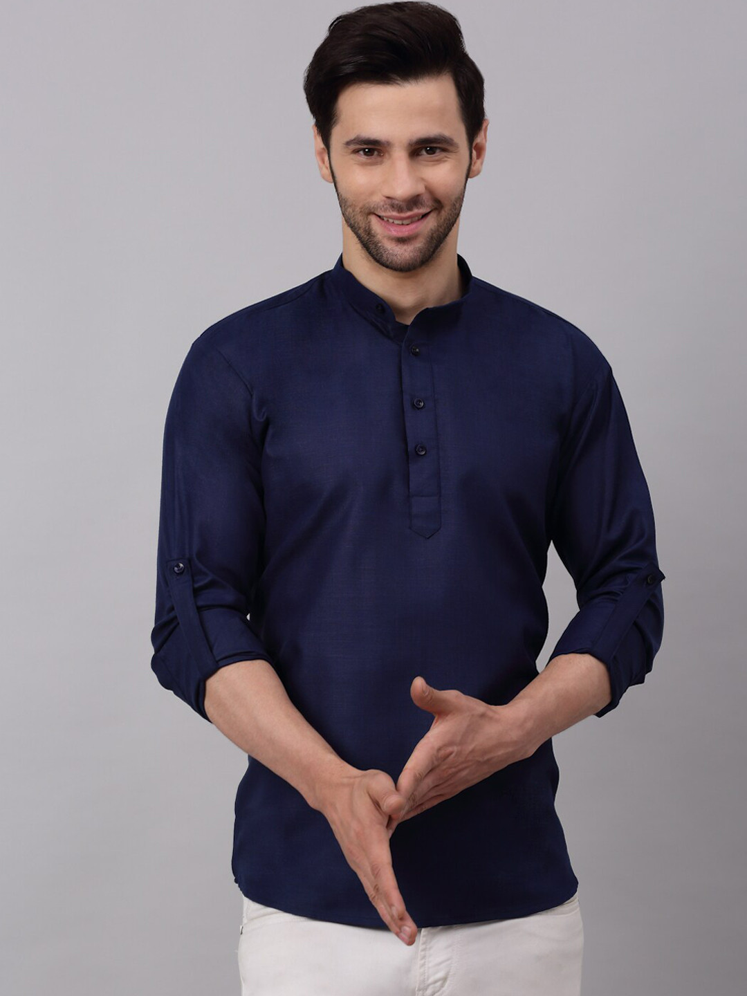 

NEUDIS Men Navy Blue Solid Cotton Short Kurta For Men