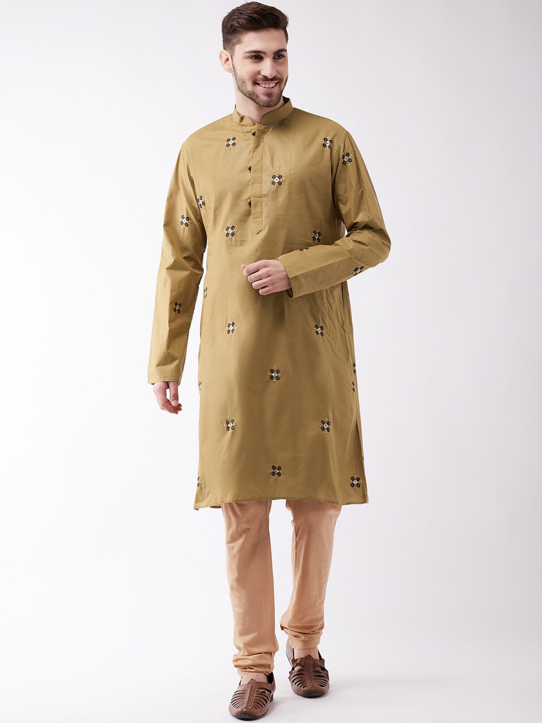 

VASTRAMAY Men Camel Brown Embroidered Layered Kurta with Pyjamas