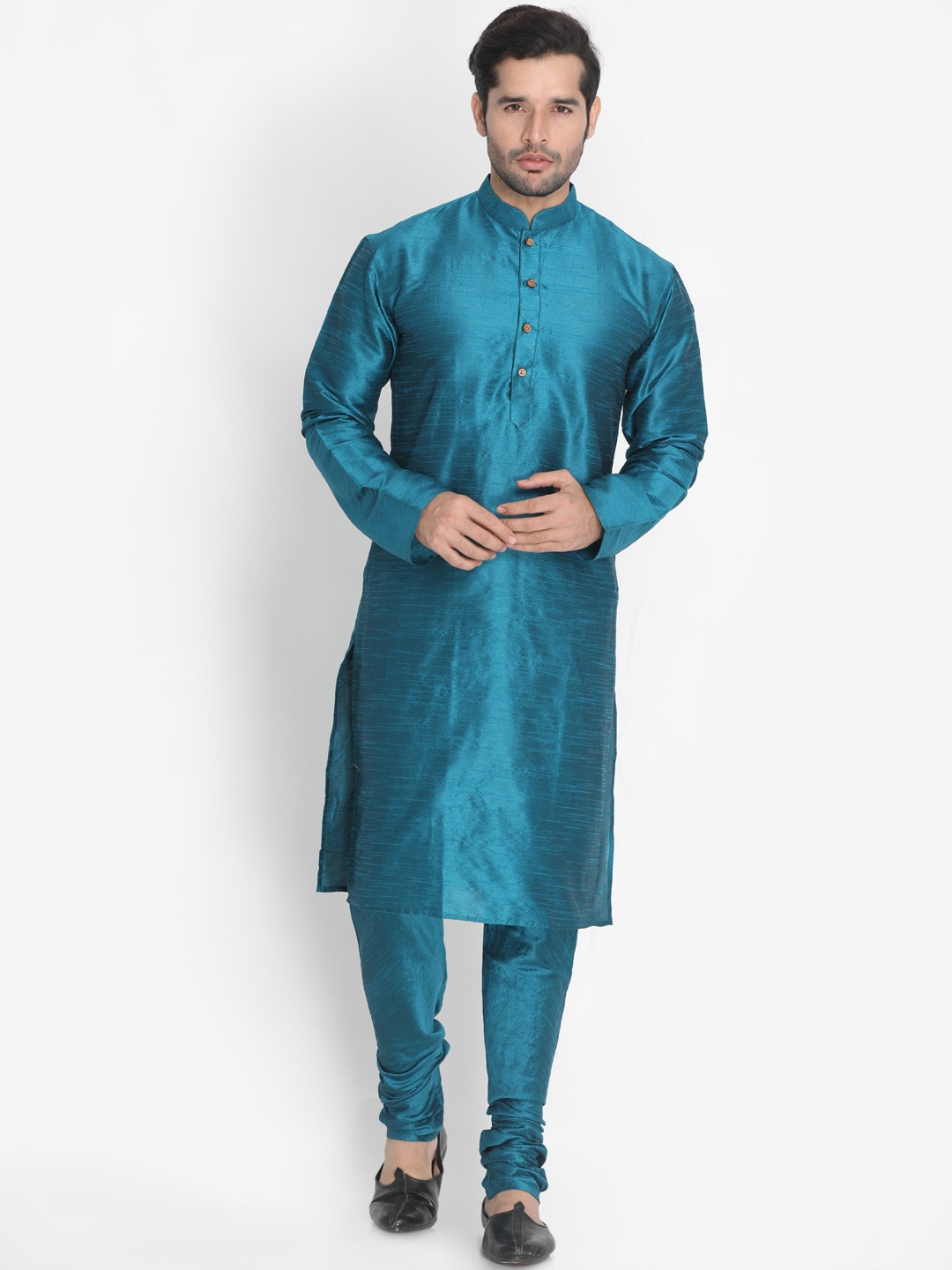 

VASTRAMAY Men Turquoise Blue Pleated Kurta with Pyjamas