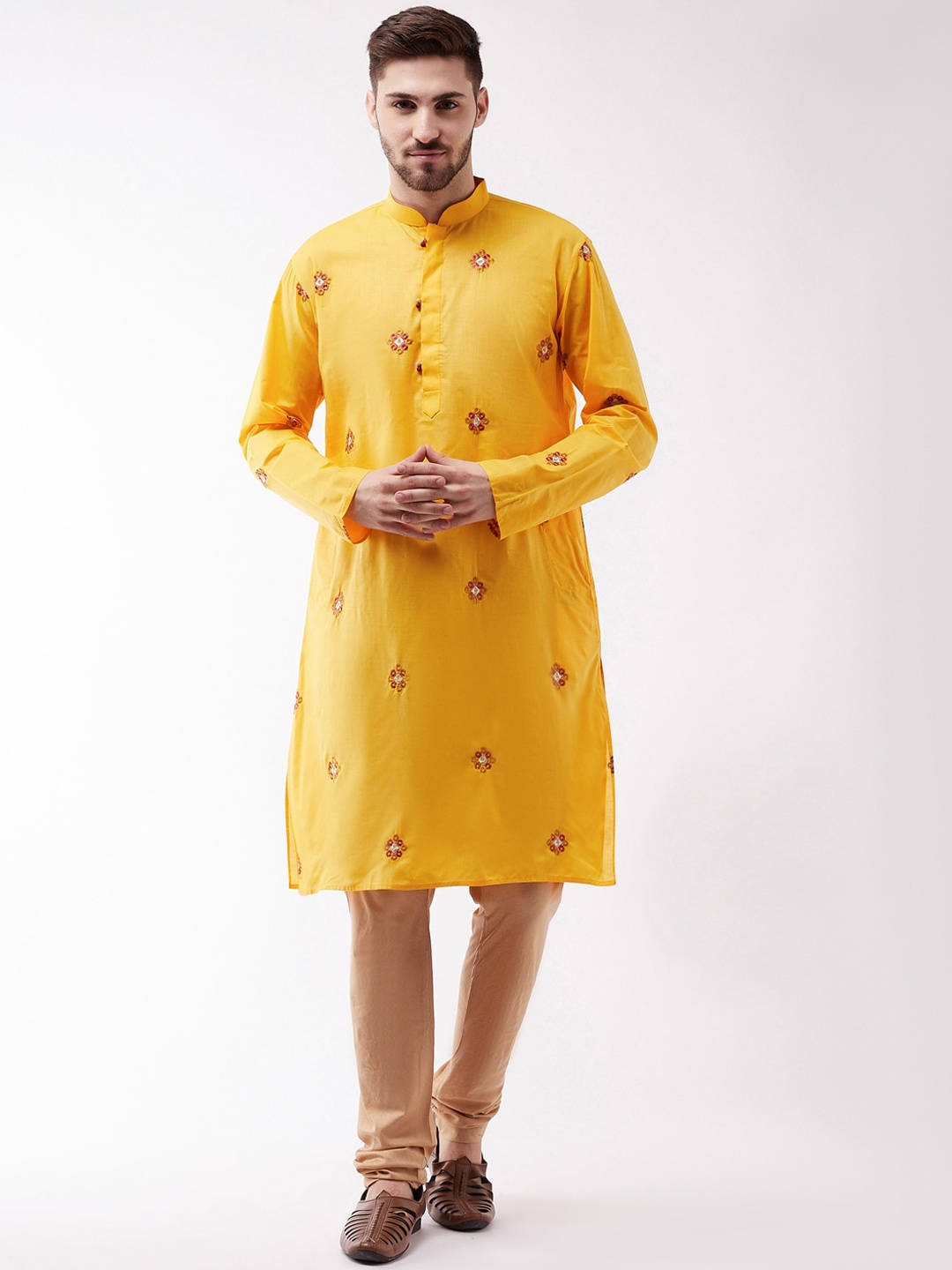

VASTRAMAY Men Yellow Floral Embroidered Pleated Kurta with Churidar