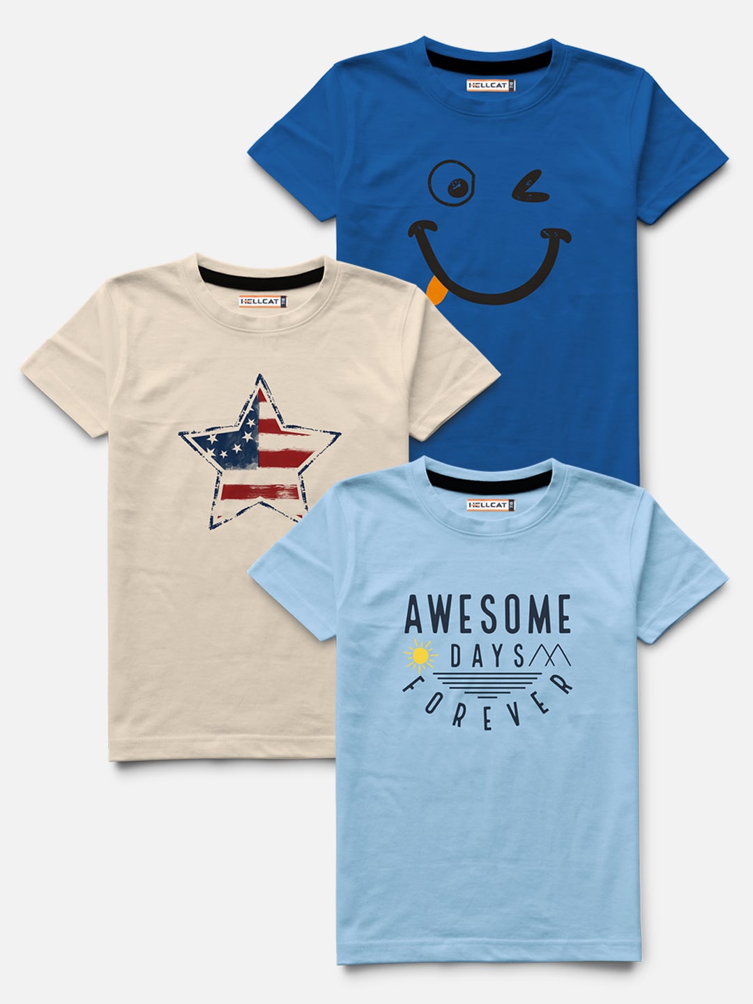 HELLCAT Boys Blue Typography 3 Printed Bio Finish Applique T-shirt