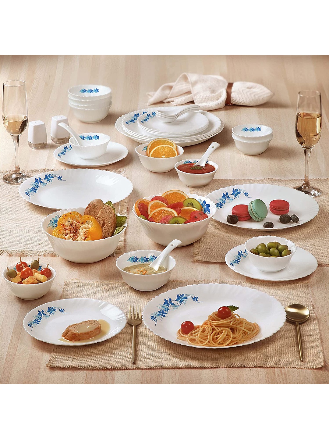

Cello White & Blue 35 Pieces Floral Printed Opalware Glossy Dinner Set
