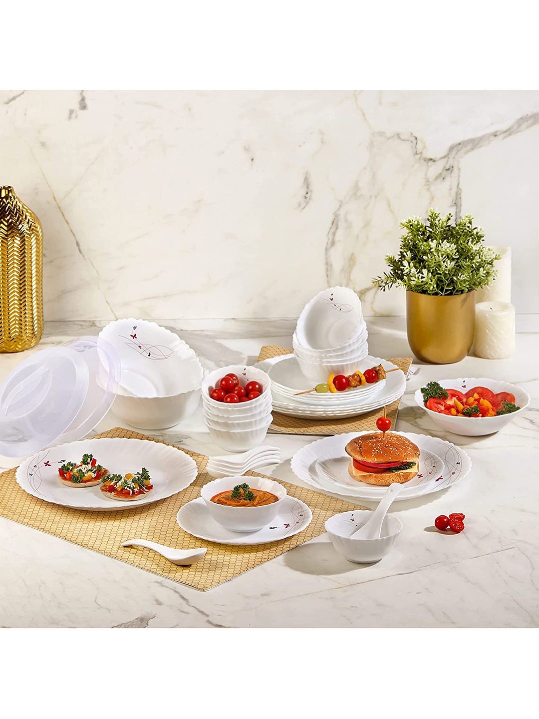 

Cello Dazzle Set of 35 Lush Fiesta Microwave & Dishwasher Safe Opalware Dinner Set, White