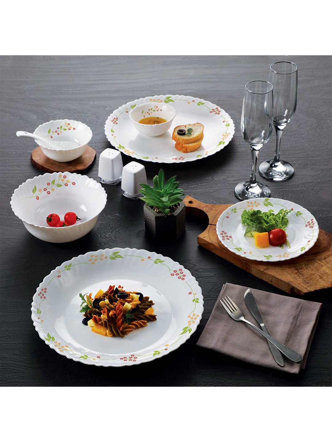 

Cello White & Green Pieces Floral Printed Opalware Glossy Dinner Set