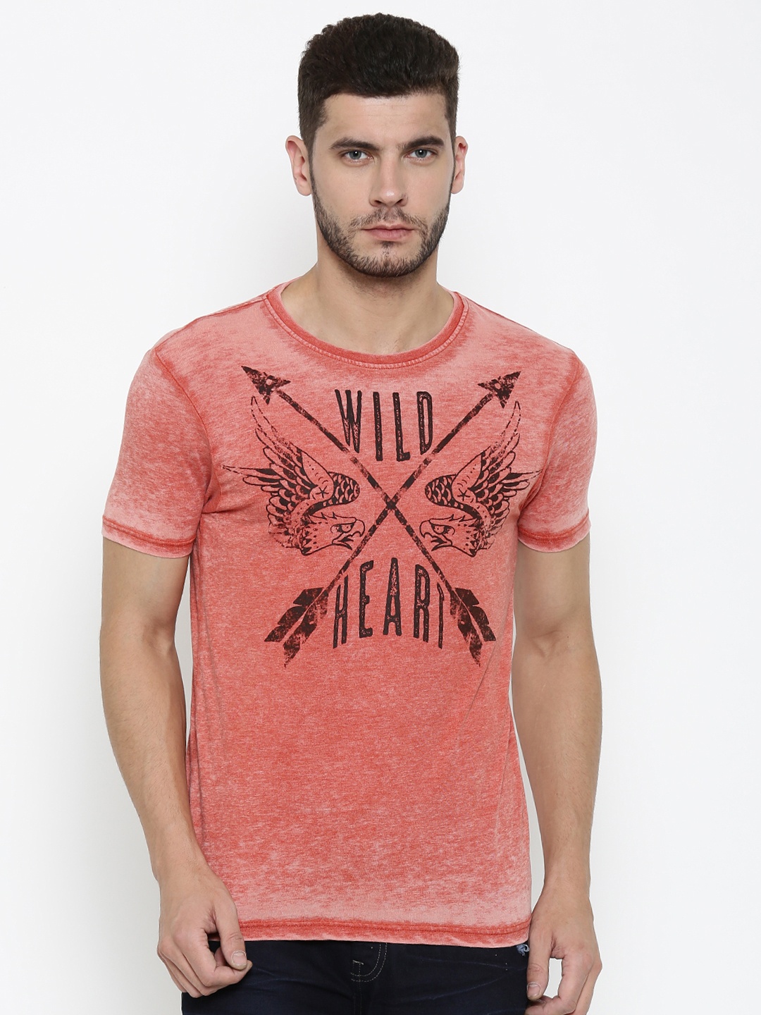 

Ed Hardy Men Rust Red Printed Washed Round Neck T-shirt