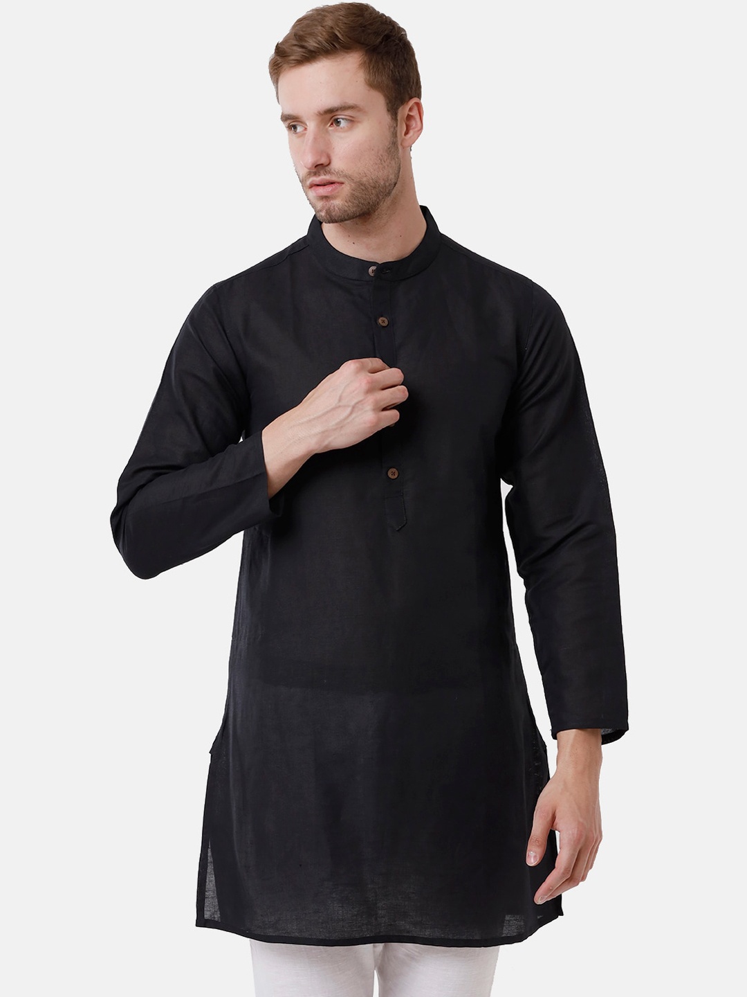 

CAVALLO by Linen Club Men Black Solid Linen Cotton Kurta