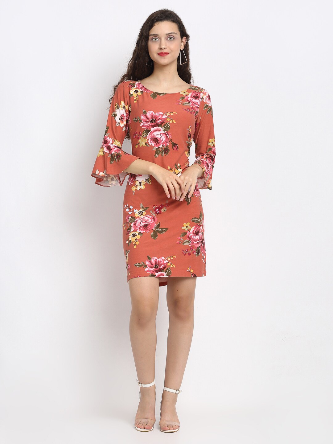

Aujjessa Peach-Coloured Floral A-Line Dress